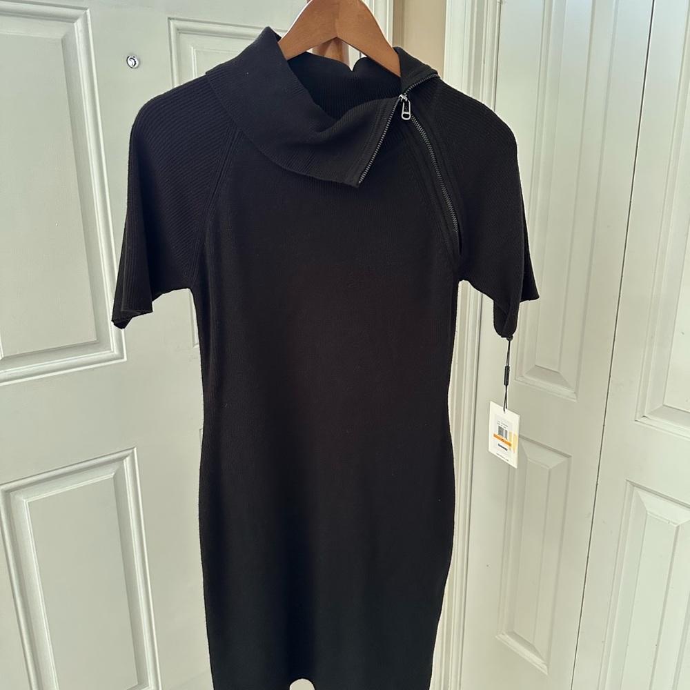 Calvin Klein Black Knit Sweater Dress with Zipper Asymmetrical Neckline